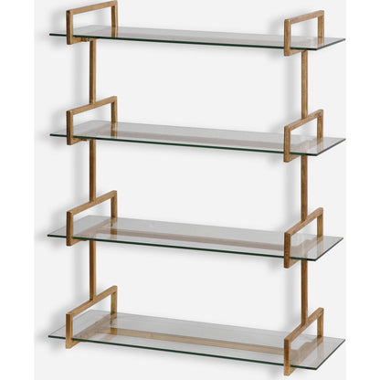 Auley Wall Shelf by Uttermost in gold. Made from iron, tempered glass in a modern style.