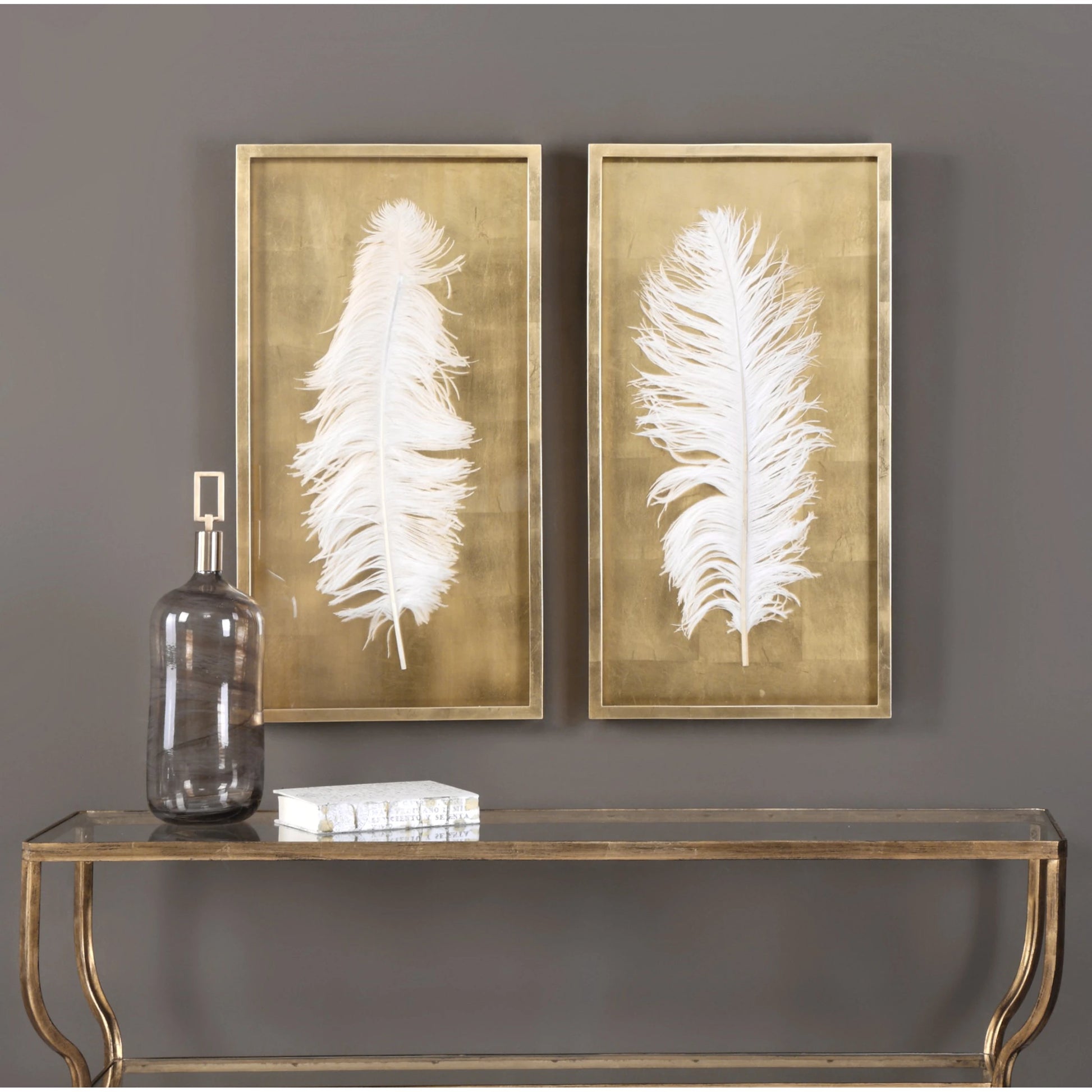 White Feathers Shadow Box (Set of 2) by Uttermost in gold. Made from pine in a modern style.