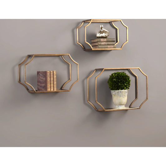 Lindee Wall Shelves (Set of 3) by Uttermost in gold. Made from metal, glass in a transitional style.