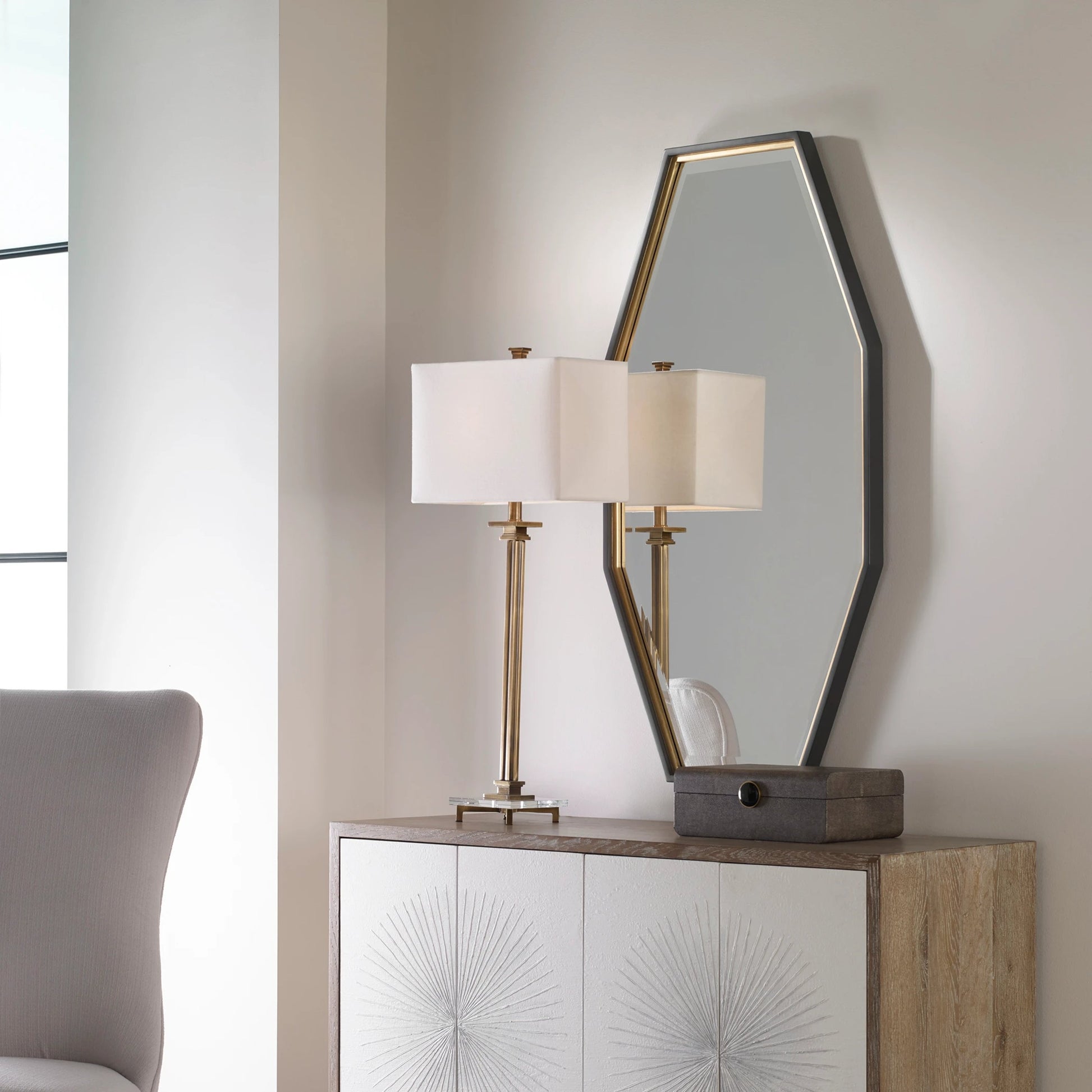 Savion Gold Octagon Mirror by Uttermost in gold. Made from pine, mdf, glass in a modern style.