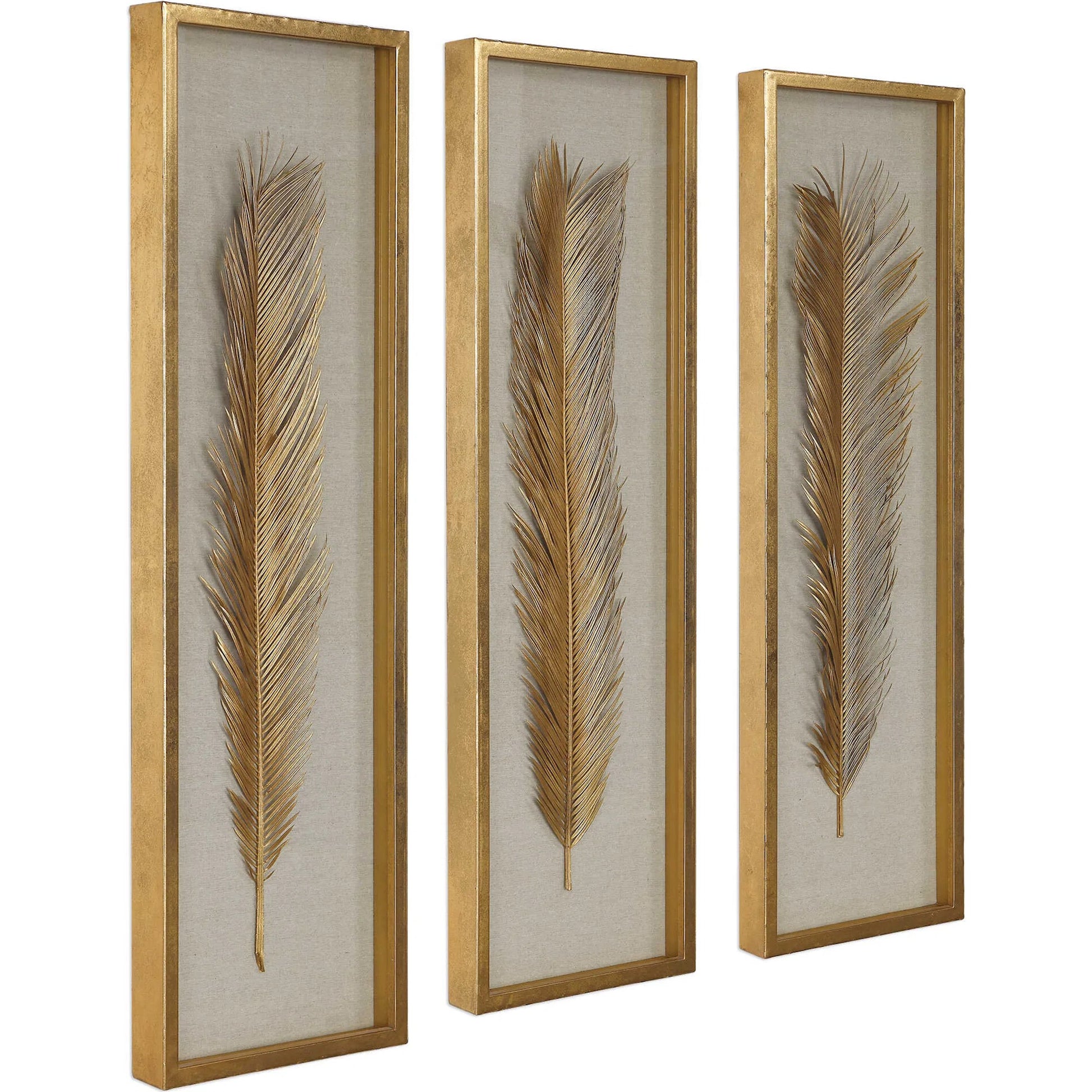 Palma Gold Leaf Shadow Box by Uttermost in gold. Made from mdf, glass, plastic, linen in a modern style.