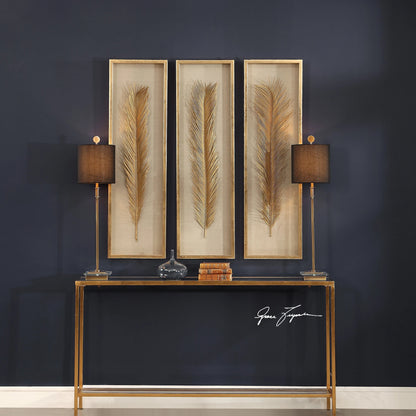 Palma Gold Leaf Shadow Box by Uttermost in gold. Made from mdf, glass, plastic, linen in a modern style.