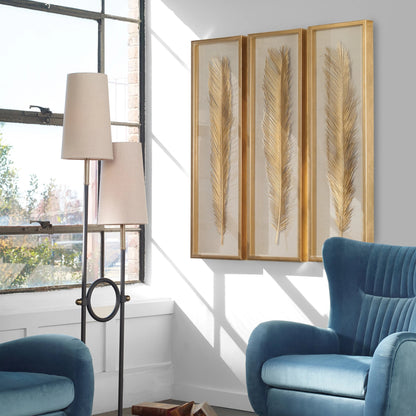 Palma Gold Leaf Shadow Box by Uttermost in gold. Made from mdf, glass, plastic, linen in a modern style.