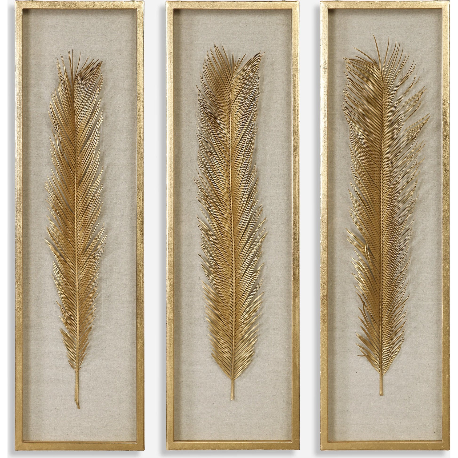 Palma Gold Leaf Shadow Box by Uttermost in gold. Made from mdf, glass, plastic, linen in a modern style.