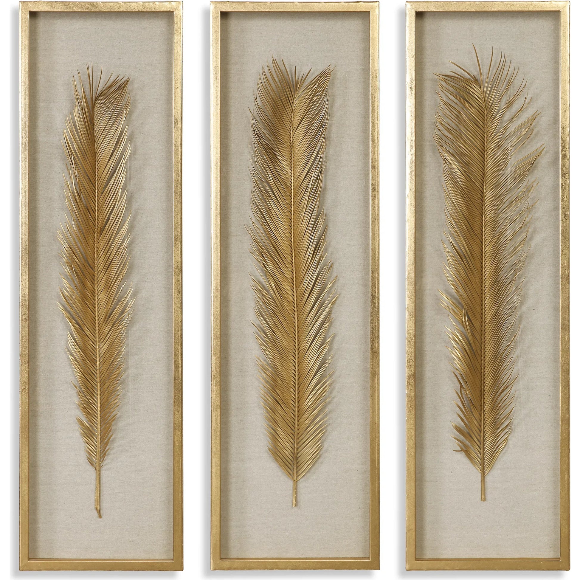 Palma Gold Leaf Shadow Box by Uttermost in gold. Made from mdf, glass, plastic, linen in a modern style.