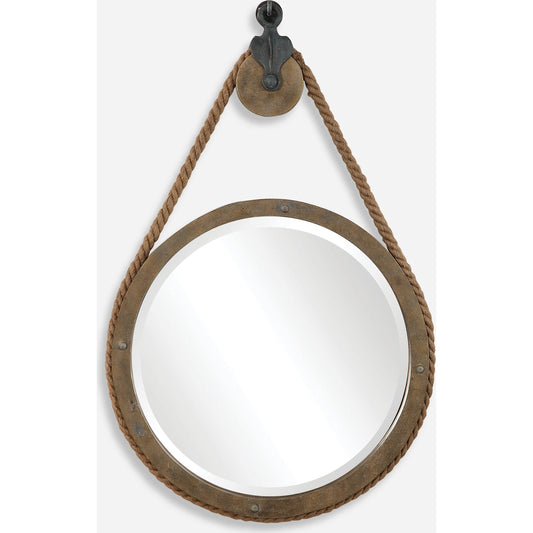 Melton Pulley Mirror by Uttermost. Made from resin, rope, mirror, mdf, steel, wood in a cottage & farmhouse style.
