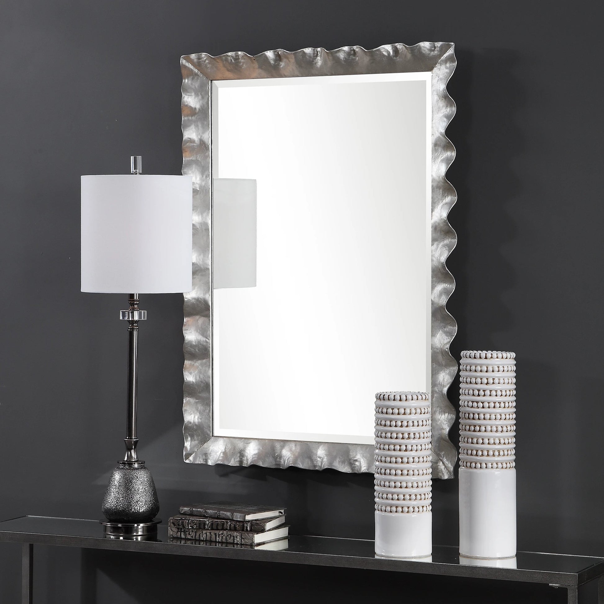 Haya Vanity Mirror by Uttermost in silver. Made from mirror, iron, mdf in a transitional style.