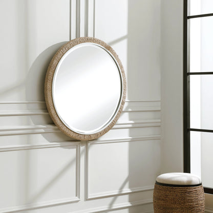 Carbet Round Rope Mirror by Uttermost. Made from iron, mdf, glass, straw in a coastal style.