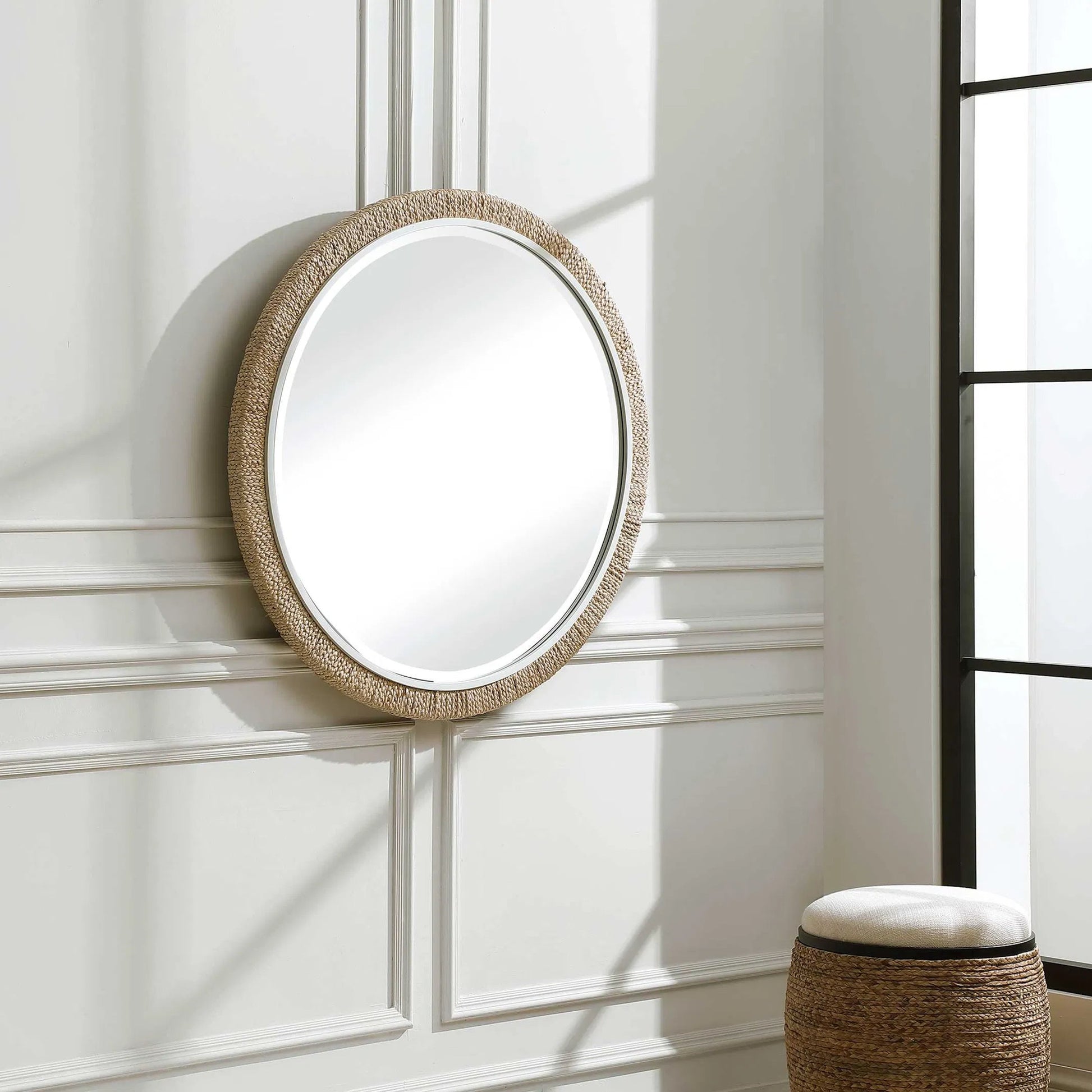 Carbet Round Rope Mirror by Uttermost. Made from iron, mdf, glass, straw in a coastal style.