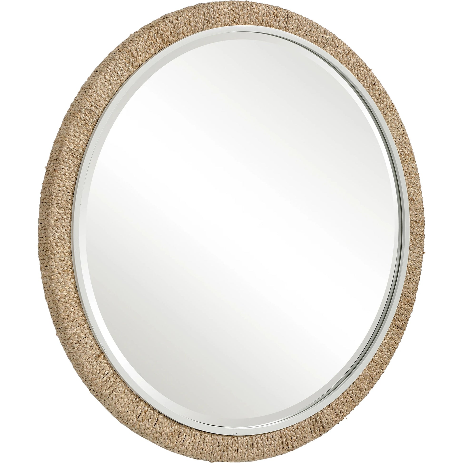 Carbet Round Rope Mirror by Uttermost. Made from iron, mdf, glass, straw in a coastal style.