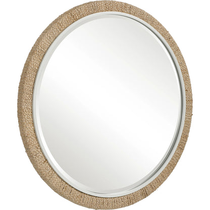 Carbet Round Rope Mirror by Uttermost. Made from iron, mdf, glass, straw in a coastal style.