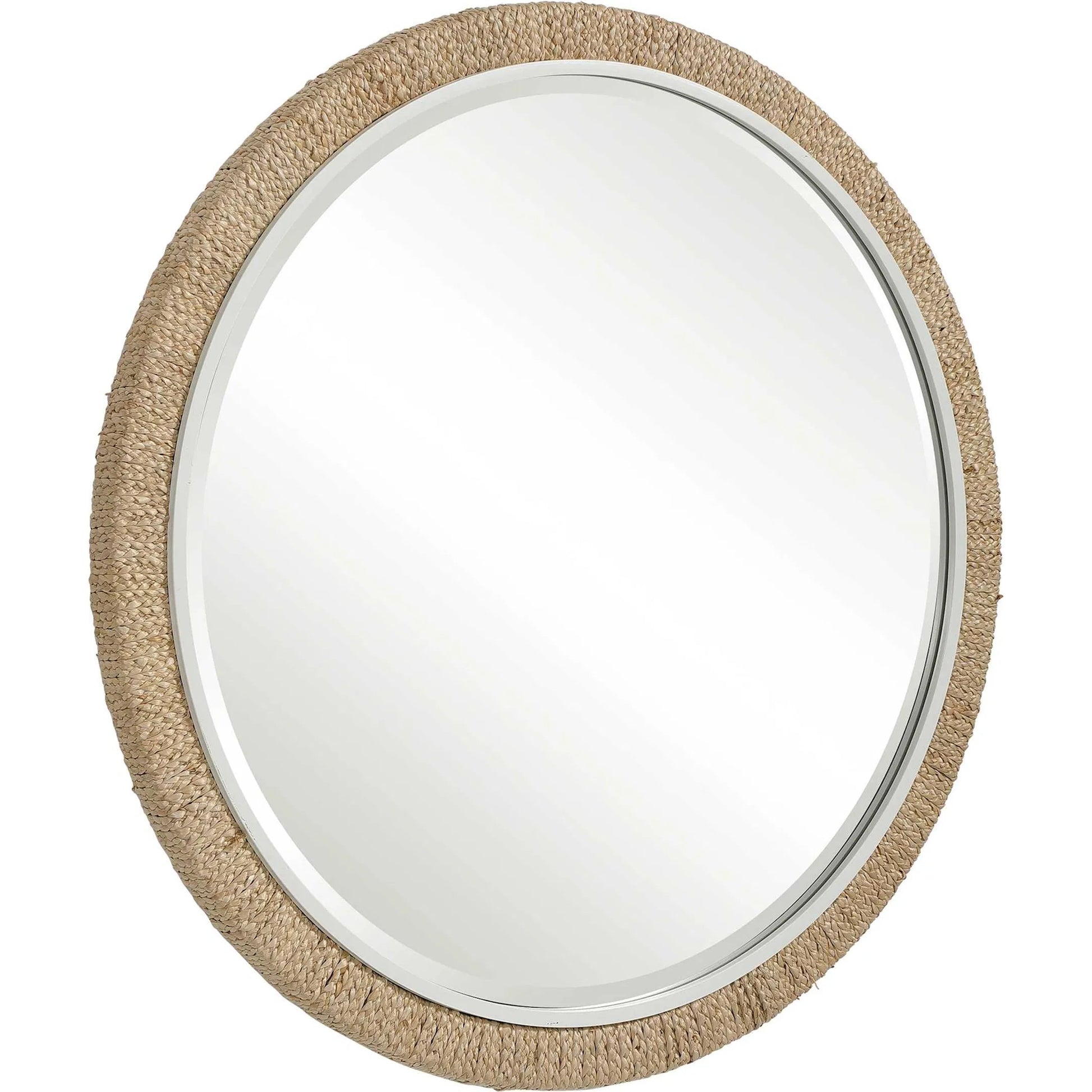 Carbet Round Rope Mirror by Uttermost. Made from iron, mdf, glass, straw in a coastal style.