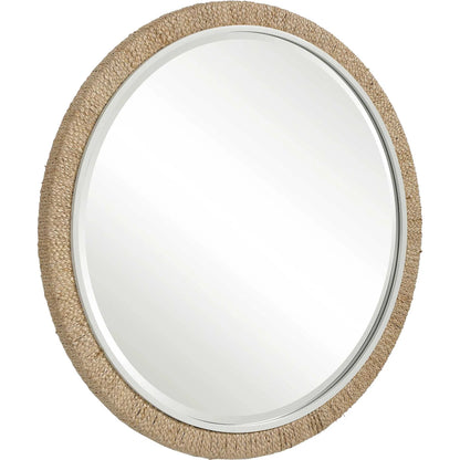 Carbet Round Rope Mirror by Uttermost. Made from iron, mdf, glass, straw in a coastal style.