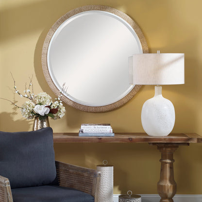Carbet Round Rope Mirror by Uttermost. Made from iron, mdf, glass, straw in a coastal style.