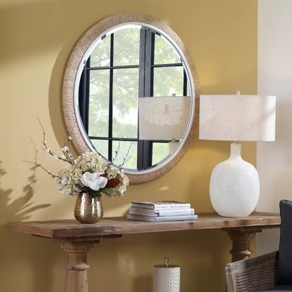 Carbet Round Rope Mirror by Uttermost. Made from iron, mdf, glass, straw in a coastal style.