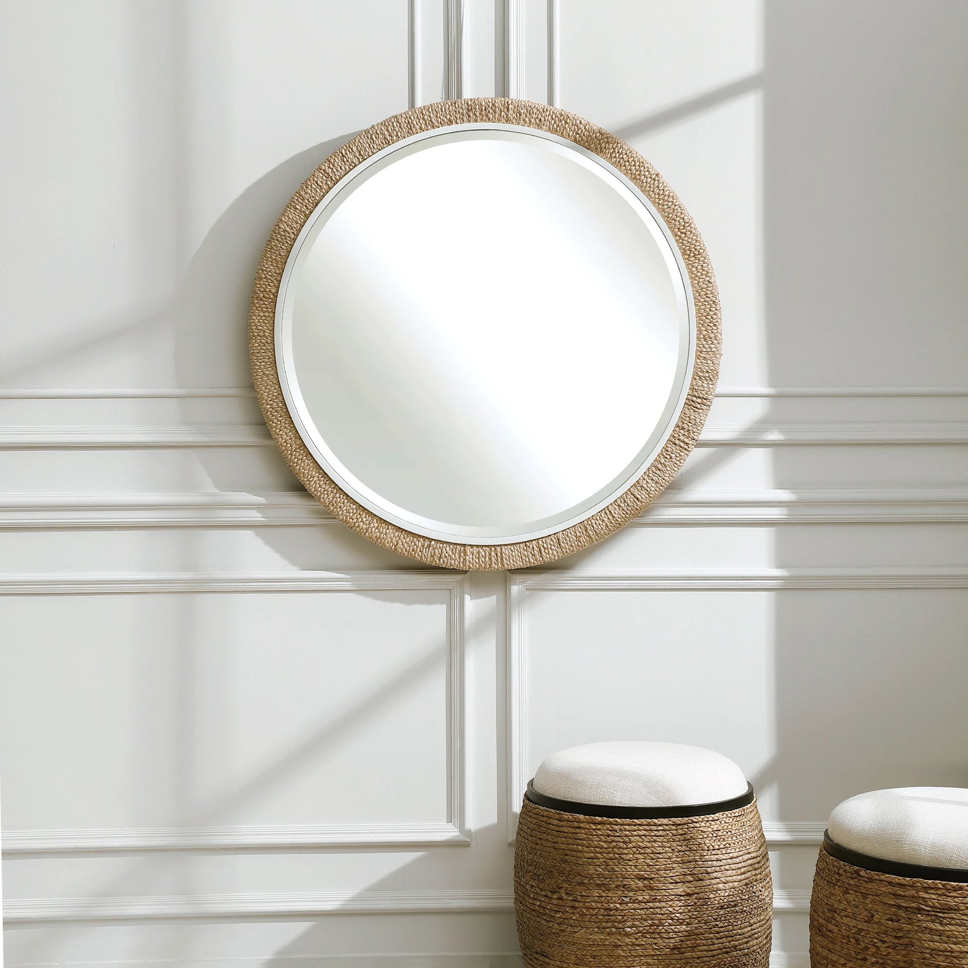 Carbet Round Rope Mirror by Uttermost. Made from iron, mdf, glass, straw in a coastal style.