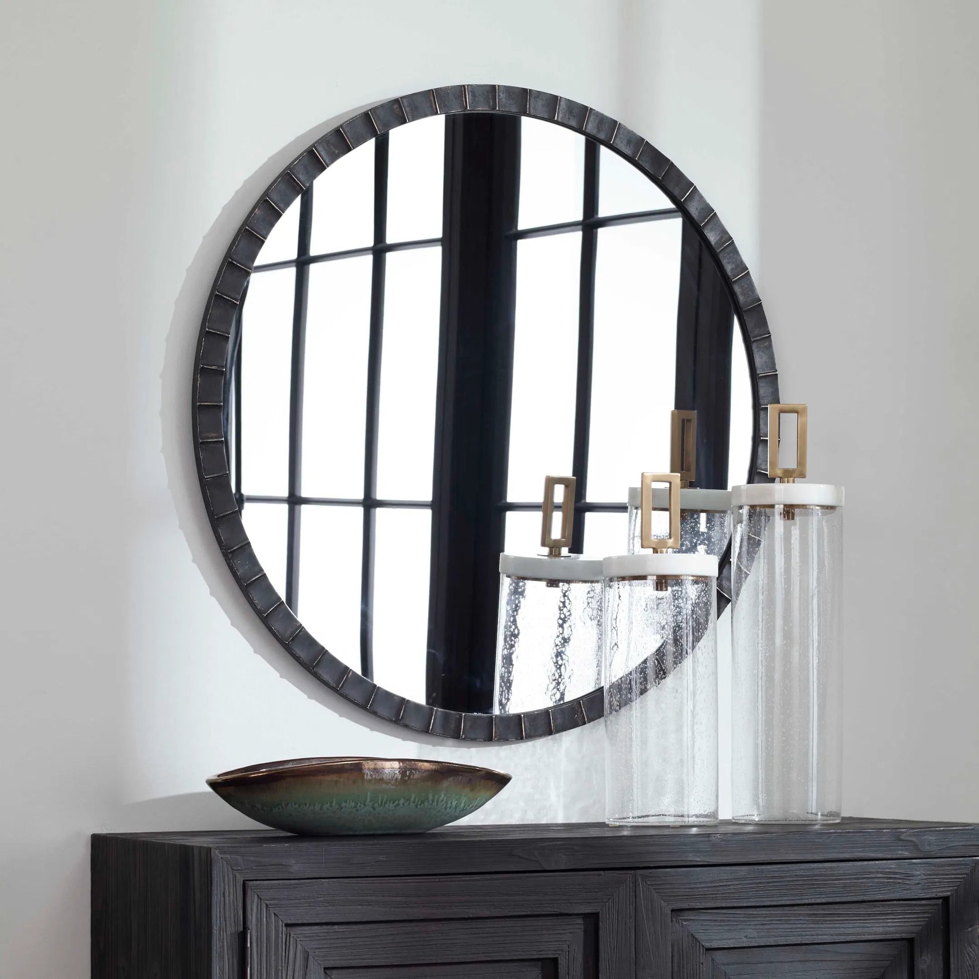 Dandridge Mirror by Uttermost. Made from mdf, iron, mirror in a modern style.