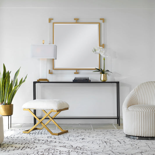 Balkan Square Mirror by Uttermost in gold leaf. Made from iron, mdf, glass, acrylic in a transitional style.
