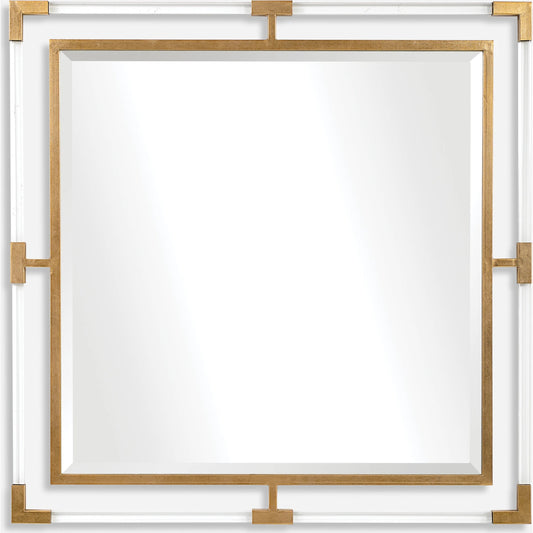 Balkan Square Mirror by Uttermost in gold leaf. Made from iron, mdf, glass, acrylic in a transitional style.
