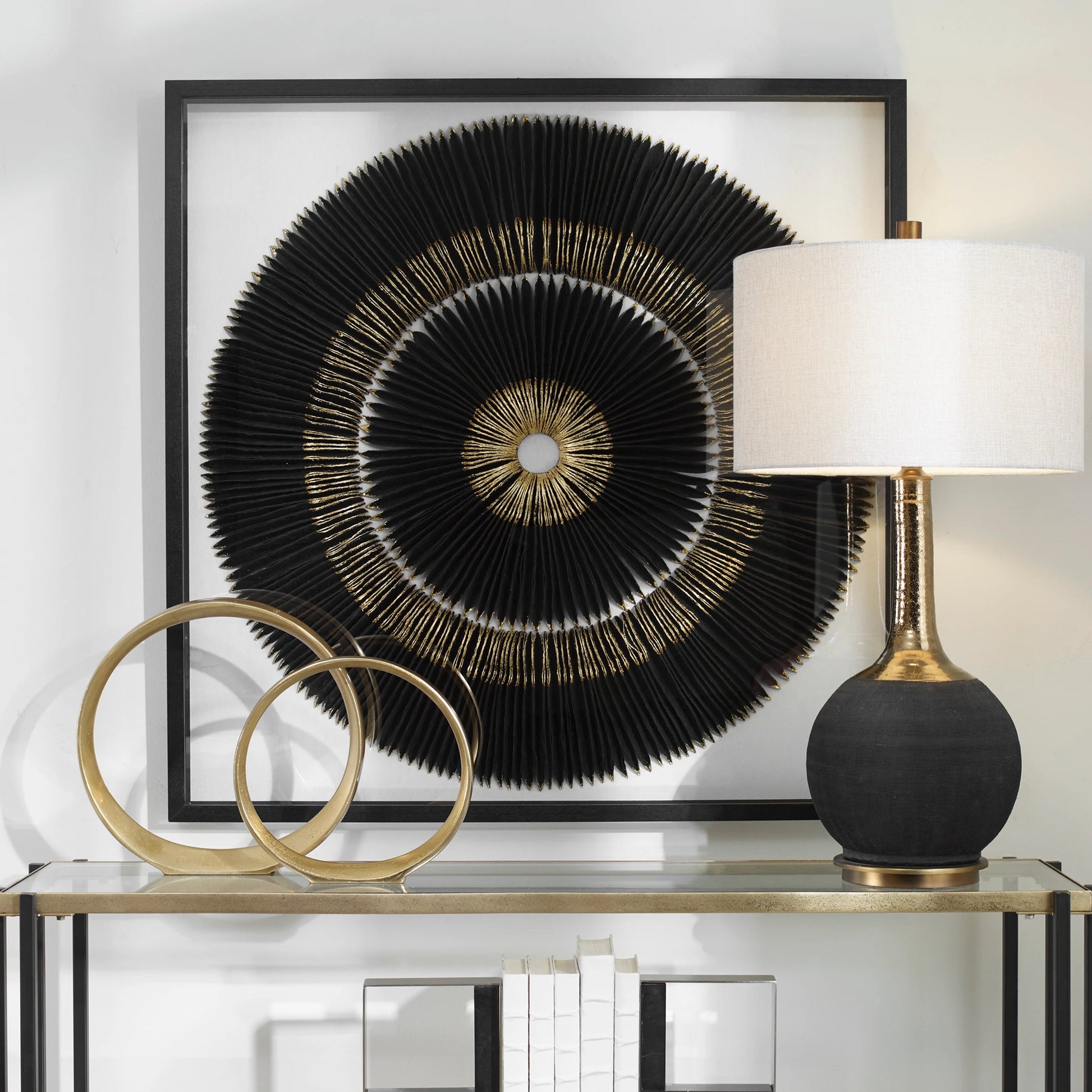 Sandara and Shadow Box by Uttermost in black, gold. Made from pine, paper, glass, linen, velvet in a eclectic & global style.