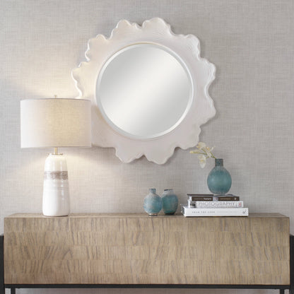 Sea Coral Round Mirror by Uttermost in white. Made from resin, glass, mdf in a coastal style.