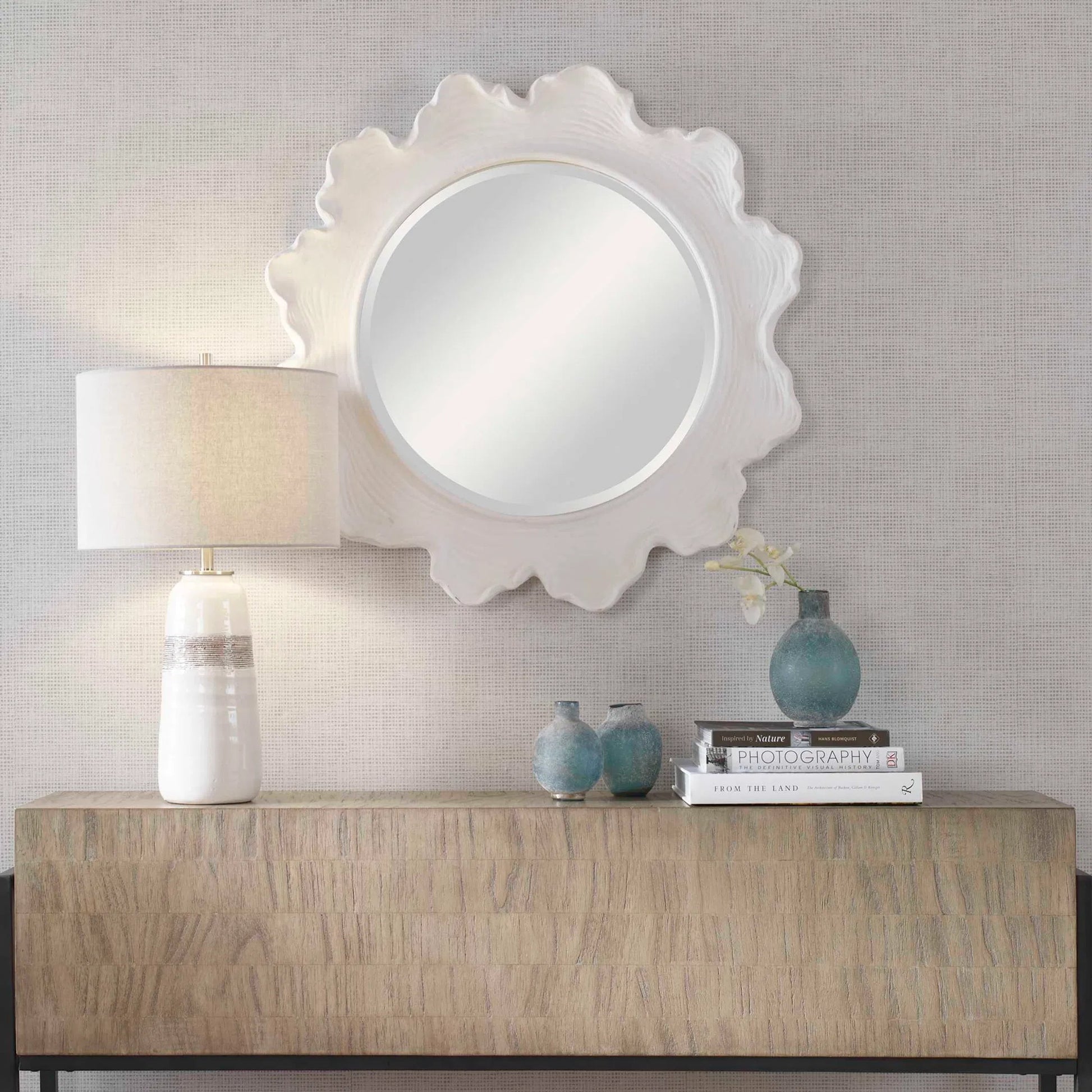 Sea Coral Round Mirror by Uttermost in white. Made from resin, glass, mdf in a coastal style.