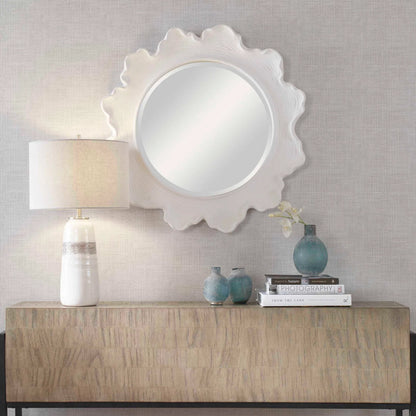 Sea Coral Round Mirror by Uttermost in white. Made from resin, glass, mdf in a coastal style.