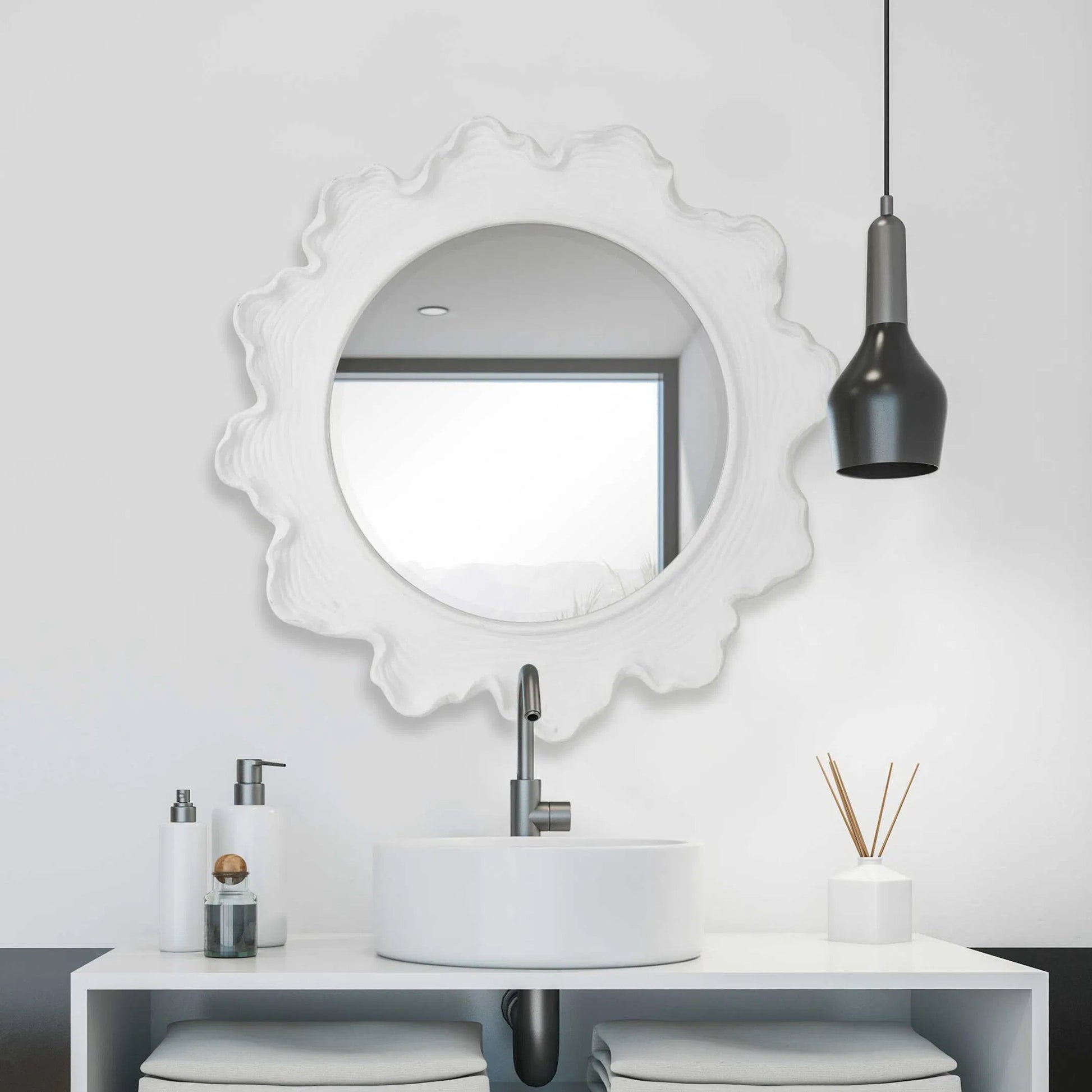 Sea Coral Round Mirror by Uttermost in white. Made from resin, glass, mdf in a coastal style.