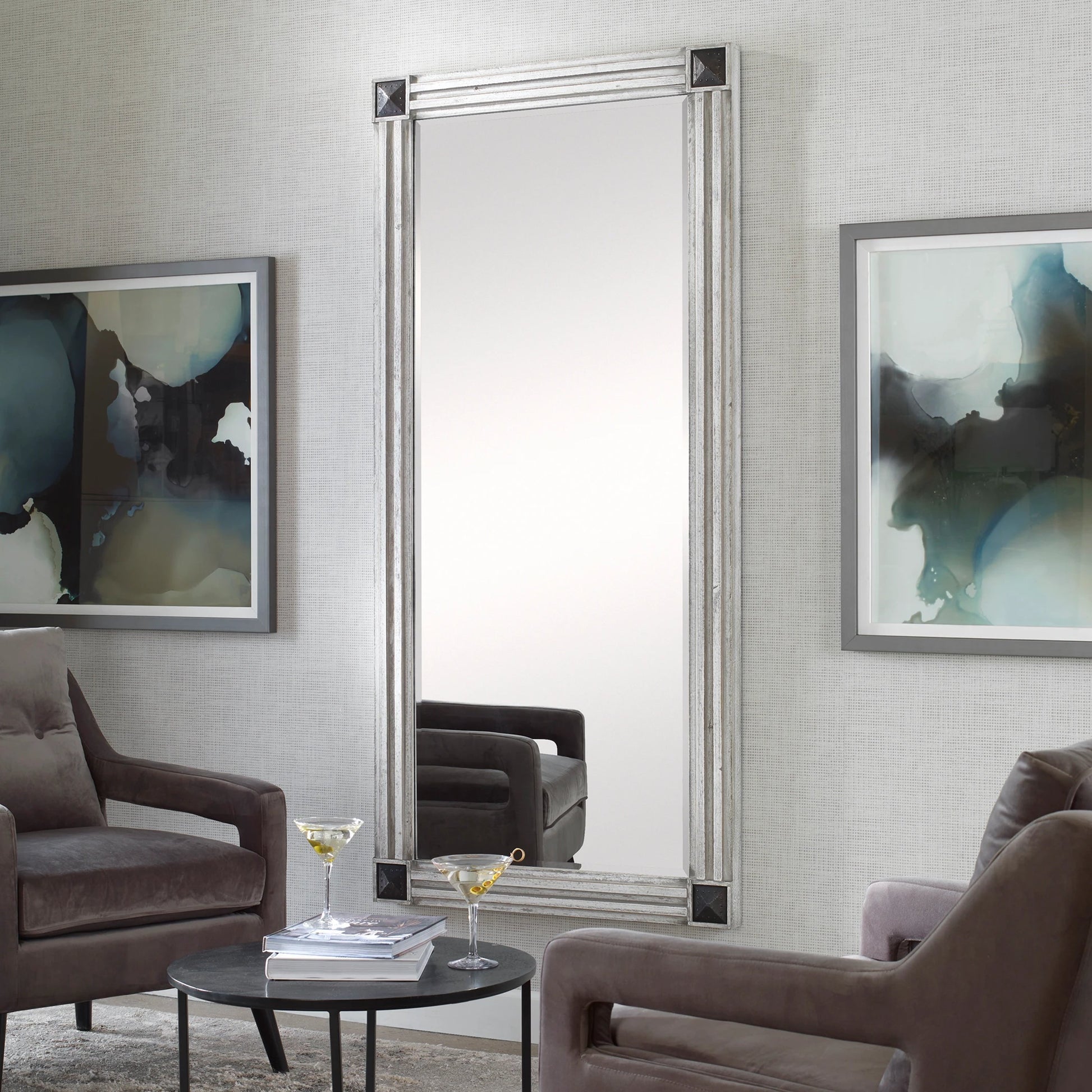 Manor Mirror by Uttermost in white-wash gray. Made from mdf, firwood, mirror, copper in a modern style.