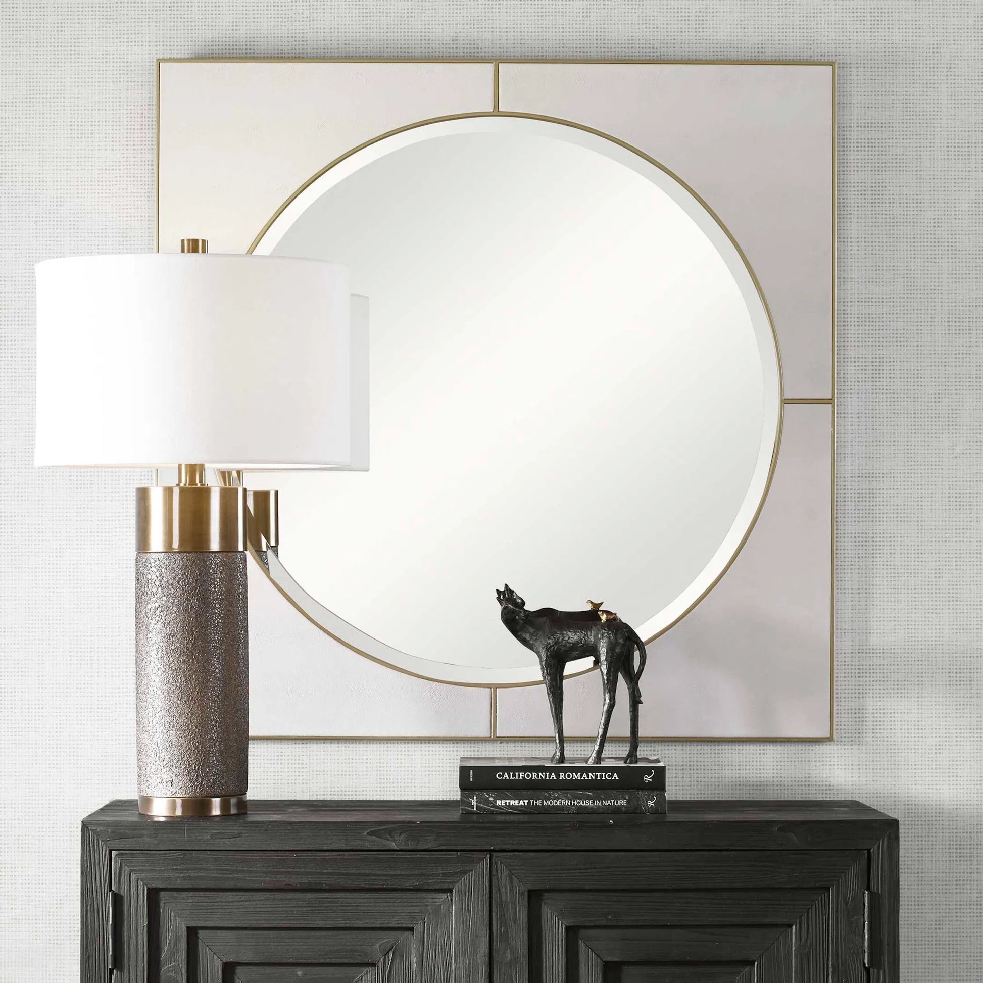 Cyprus Square Mirror by Uttermost in gold. Made from mirror, mdf, pu leather in a modern style.