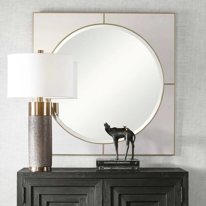 Cyprus Square Mirror by Uttermost in gold. Made from mirror, mdf, pu leather in a modern style.