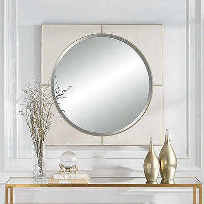 Cyprus Square Mirror by Uttermost in gold. Made from mirror, mdf, pu leather in a modern style.
