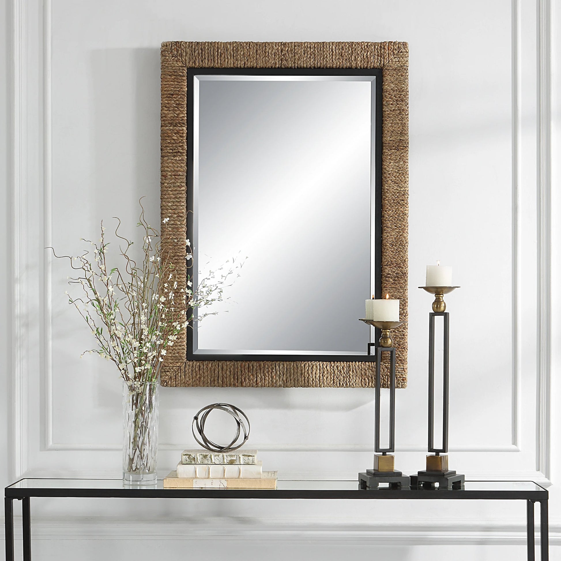 Island Mirror by Uttermost. Made from mirror, mdf, iron, straw rope in a modern style.