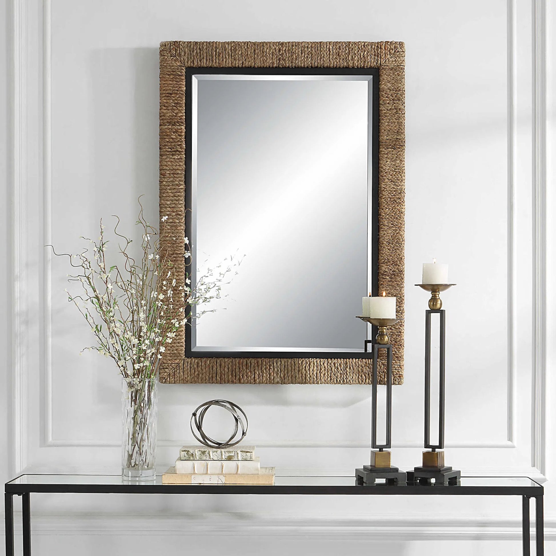 Island Mirror by Uttermost. Made from mirror, mdf, iron, straw rope in a modern style.