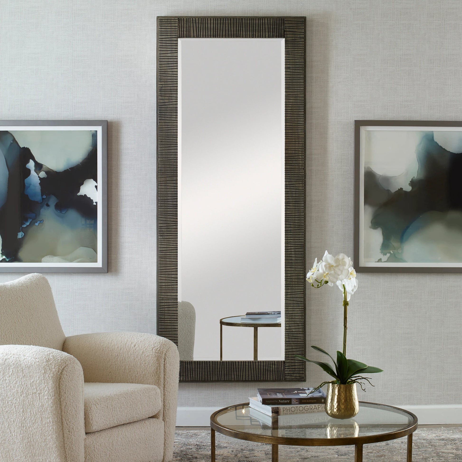 Figaro Mirror by Uttermost in aged gray wash. Made from mirror, mdf, pine, fir in a modern style.