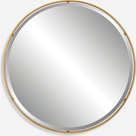 Canillo Round Mirror by Uttermost in antiqued gold leaf. Made from mirror, iron, mdf in a modern style.