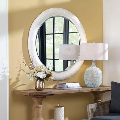 Mariner Round Mirror by Uttermost. Made from banana weaving, rattan, plywood, glass in a modern style.