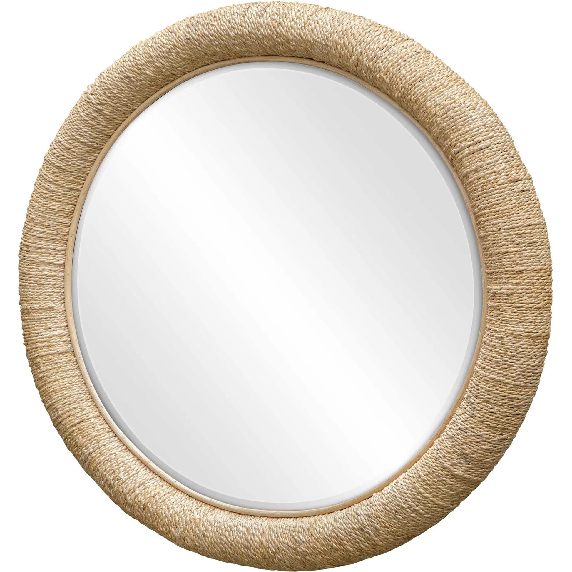 Mariner Round Mirror by Uttermost. Made from banana weaving, rattan, plywood, glass in a modern style.