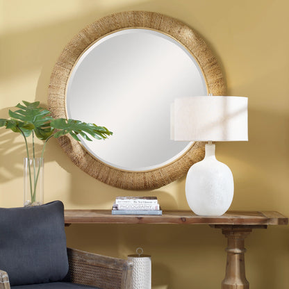 Mariner Round Mirror by Uttermost. Made from banana weaving, rattan, plywood, glass in a modern style.