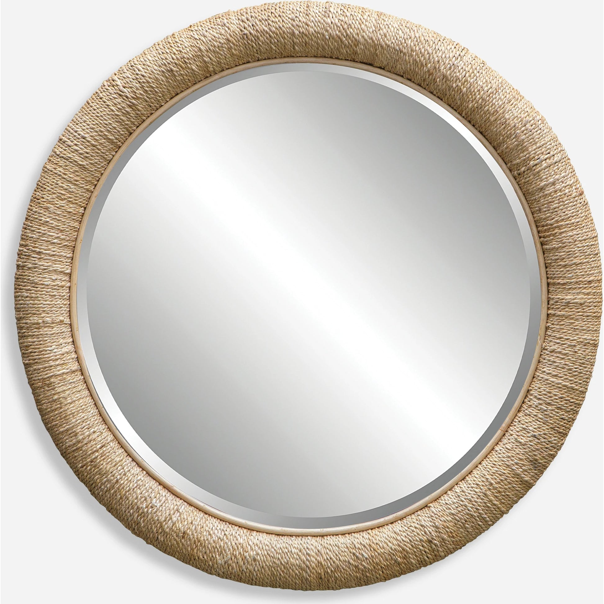 Mariner Round Mirror by Uttermost. Made from banana weaving, rattan, plywood, glass in a modern style.