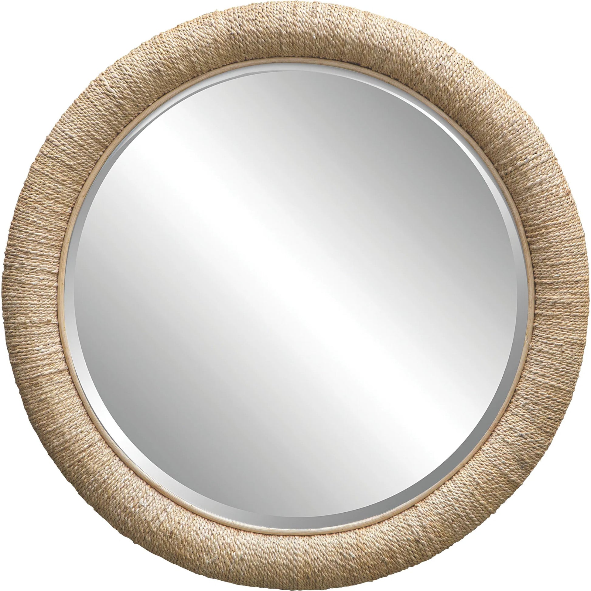 Mariner Round Mirror by Uttermost. Made from banana weaving, rattan, plywood, glass in a modern style.