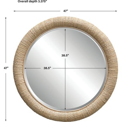 Mariner Round Mirror by Uttermost. Made from banana weaving, rattan, plywood, glass in a modern style.