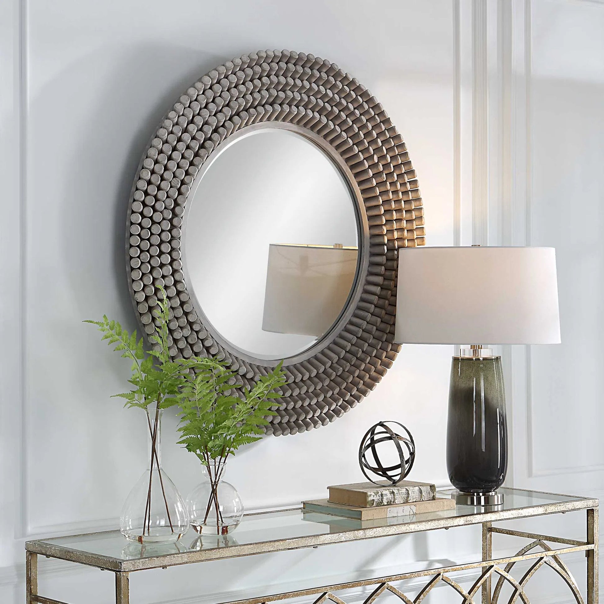 Portside Round Mirror by Uttermost in gray. Made from mdf, fir, mirror in a modern style.