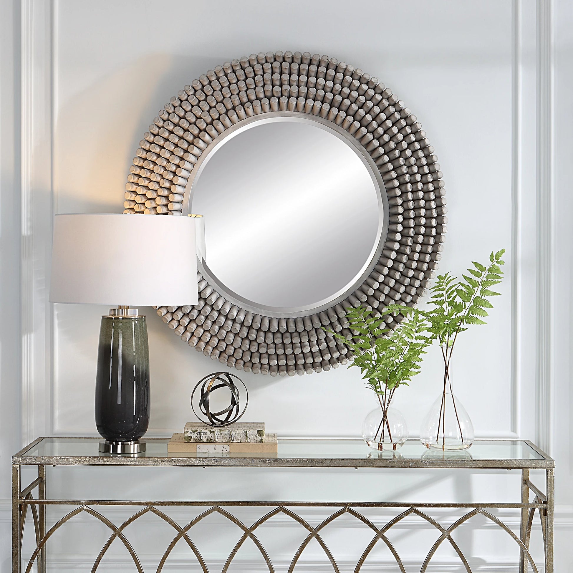 Portside Round Mirror by Uttermost in gray. Made from mdf, fir, mirror in a modern style.