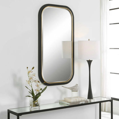 Nevaeh Curved Rectangle Mirror by Uttermost in satin black, gold leaf. Made from iron, mdf, mirror in a modern style.