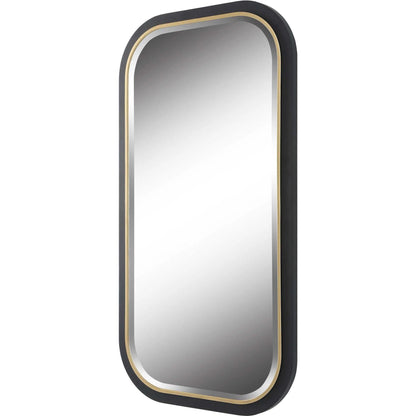 Nevaeh Curved Rectangle Mirror by Uttermost in satin black, gold leaf. Made from iron, mdf, mirror in a modern style.