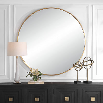 Junius Round Mirror by Uttermost in gold. Made from mirror, mdf, iron in a modern style.