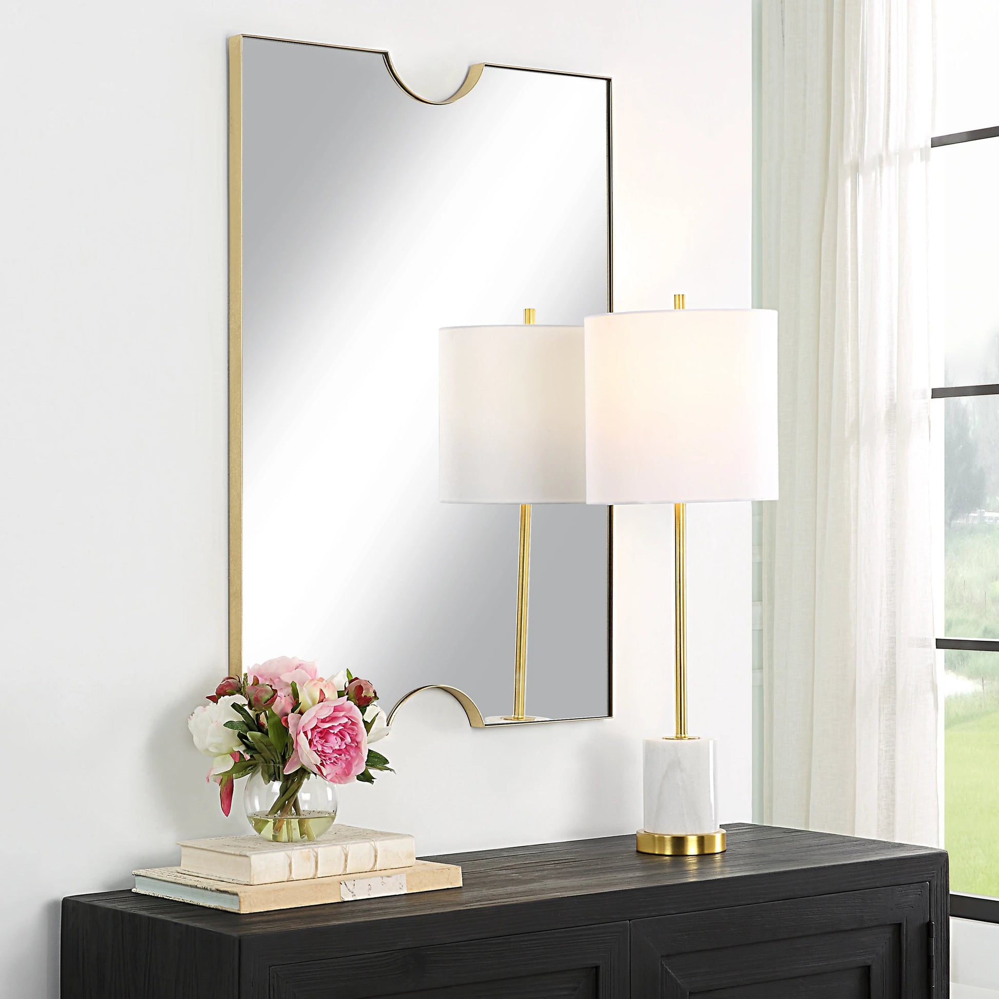 Ticket Vanity Mirror by Uttermost in gold. Made from iron, mirror, mdf in a modern style.