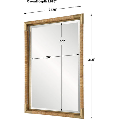 Kampar Vanity Mirror by Uttermost in gold. Made from iron, mirror, mdf, rattan in a modern style.