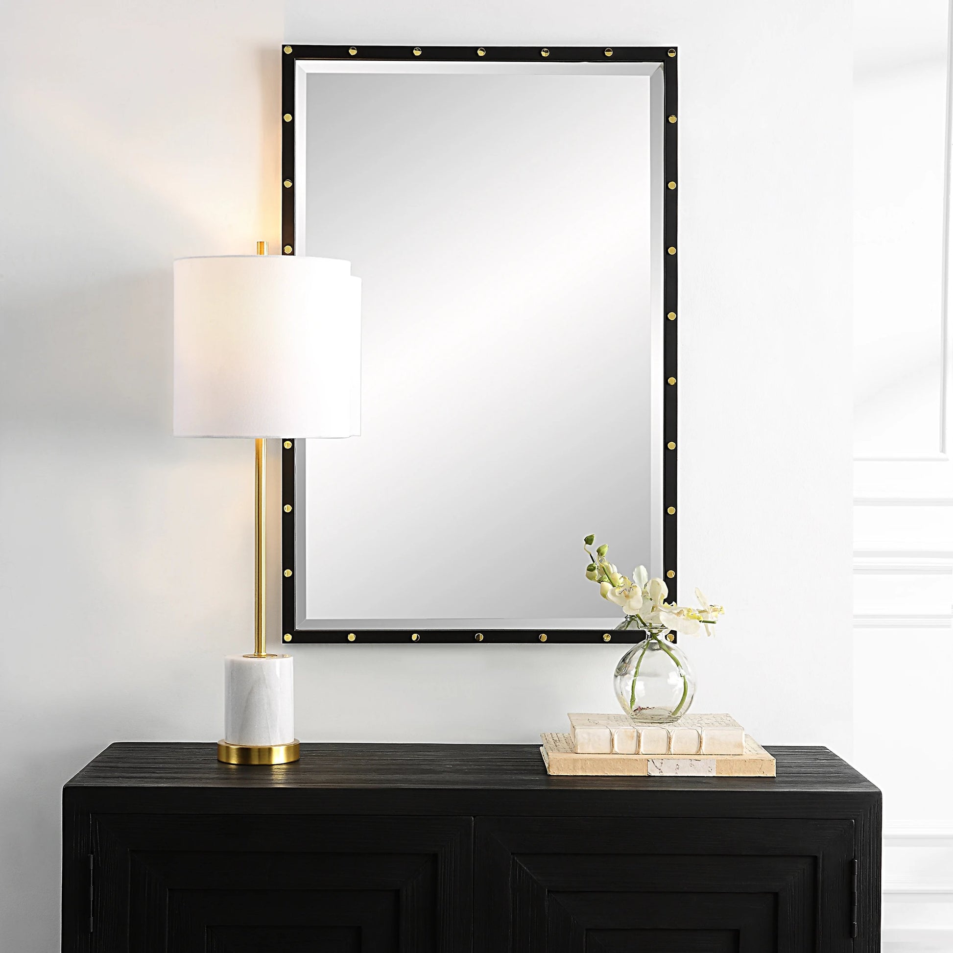 Benedo Industrial Vanity Mirror by Uttermost in brass. Made from iron, mirror, mdf, copper in a modern style.